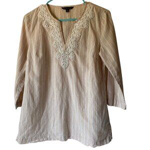 Brooks Brothers Women S Beige Striped Tunic Top Embroidered Neckline Boho Resort